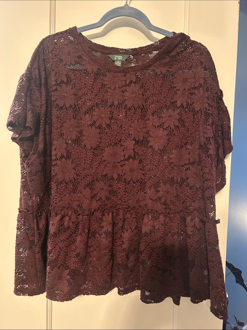 Terra & Sky Women's Maroon Floral Lace Peplum Blouse